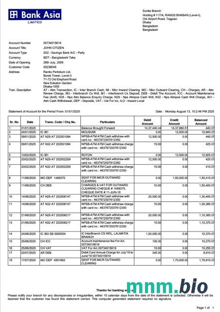 Bangladesz Bank Asia PLC wyciąg z konta Word i szablon PDF, 2 strony